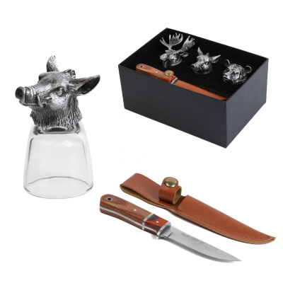 Набор подарочный  рюмка перевёртыш 3шт. 50мл + нож металл стекло