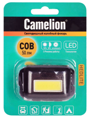 Фонарь налобный Camelion LED5355  черный 1Вт COB LED 3 режима 3XAAA 6500К  50 лм