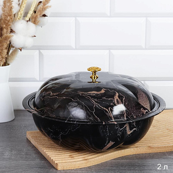 Чаша салатник 2л эмаль с крышкой Черный мрамор