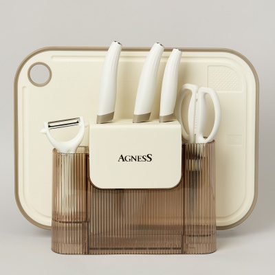 Набор кухонных предметов 7шт цвет айвори ножи: 28, сантоку 26, для овощей 21см, овощечистка, ножницы, подставка 25х9.2х18.8см, разделочная доска 38х28х0.8см