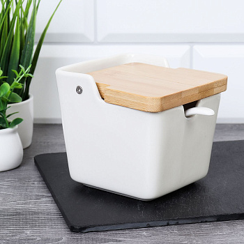 Сахарница 300мл с ложкой  деревянная крышка