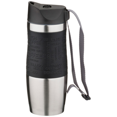 Термокружка 400мл "Черная" силик.вставка ремешок