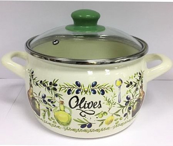 Кастрюля эмал. стекл.крышка  "Олива" 5.3л 22см Кастрюля эмал. стекл.крышка  "Олива" 5.3л 22см