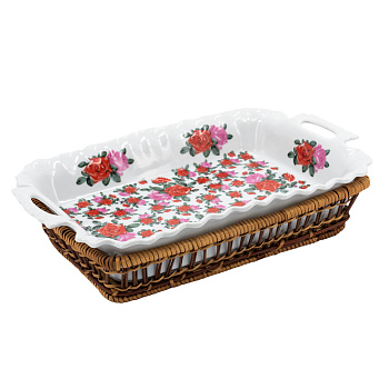 Блюдо прямоугольное РОЗЫ  37.5х23х8см  керамика, ротанг Блюдо прямоугольное РОЗЫ  37.5х23х8см  керамика, ротанг