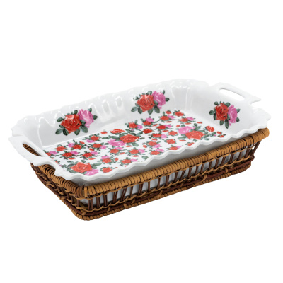 Блюдо прямоугольное РОЗЫ  37.5х23х8см  керамика, ротанг