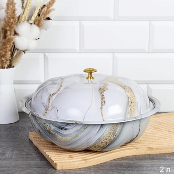 Чаша салатник 2л эмаль с крышкой Белый мрамор металл