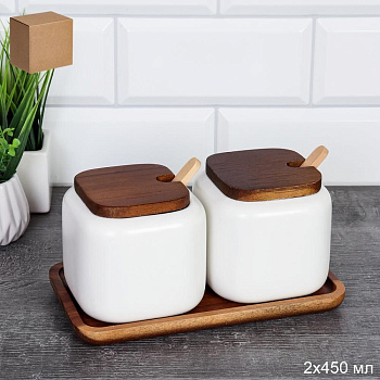 Набор для специй 2 предмета с ложкой 450мл на подставке керамика дерево Набор для специй 2 предмета с ложкой 450мл на подставке керамика дерево