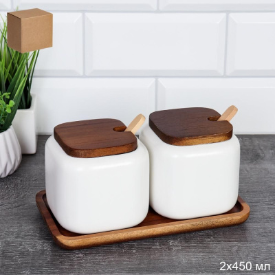 Набор для специй 2 предмета с ложкой 450мл на подставке керамика дерево