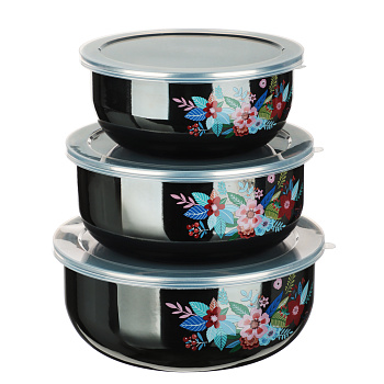 Набор эмалированных салатников с крышками 3шт  14/16/18см 0.7/1.1/1.4л "Колор" черн.перлам. Набор эмалированных салатников с крышками 3шт  14/16/18см 0.7/1.1/1.4л "Колор" черн.перлам.