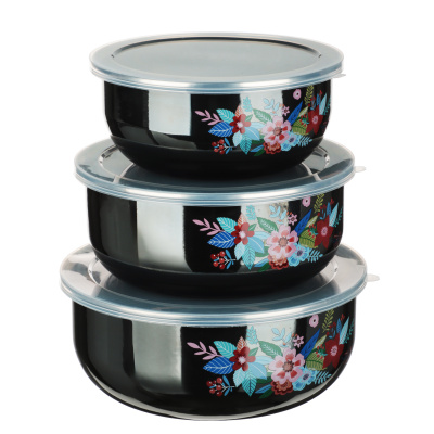 Набор эмалированных салатников с крышками 3шт  14/16/18см 0.7/1.1/1.4л "Колор" черн.перлам.