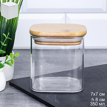 Банка квадратная бамбуковая крышка 350мл 8/8см