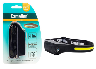 Фонарь налобный Camelion LED5383  черный лента  каучук. 3.5Вт COB+LED 4 режима 3XAAA 170 лм