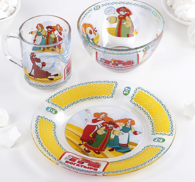 Набор посуды стекл. "Три богатыря Царевны" тар.20см, кр.200, мис.500мл