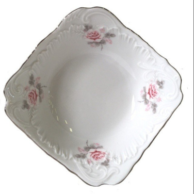 Салатник прямоуг. 24см Рококо "Бледная роза отводка платиной"