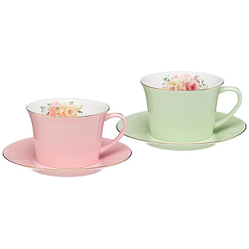 Набор чайный 250мл "Времена года" 4пр. 2перс.  розовый мятный тонкостенный