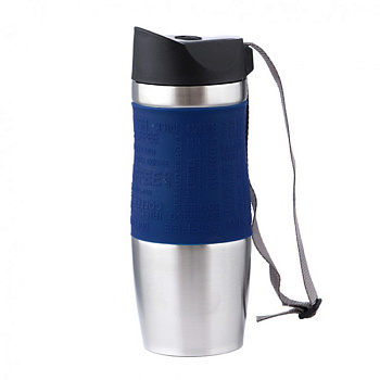 Термокружка 400мл "Синяя" силик.вставка ремешок