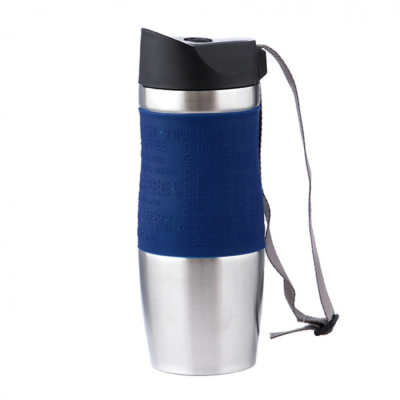 Термокружка 400мл "Синяя" силик.вставка ремешок