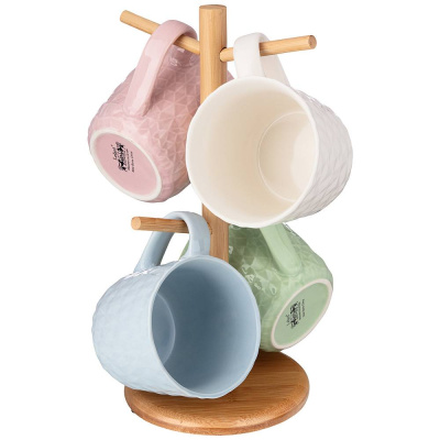 Набор кружек 4шт.  460мл на  деревянной стойке