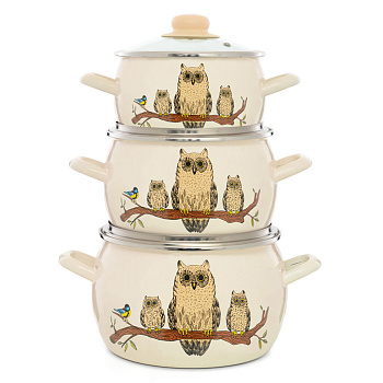 Набор посуды  "Совы" сферический кастрюли 2 3.5 5л Набор посуды  "Совы" сферический кастрюли 2 3.5 5л