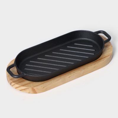 Сковорода чугунная на деревянной подставке «Овал гриль» с ручками 26х10х2.5см
