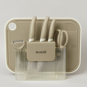 Набор кухонных предметов 7шт цвет серый ножи: 28, сантоку 26, для овощей 21см, овощечистка, ножницы, подставка 25х9.2х18.8см, разделочная доска 38х28х0.8см