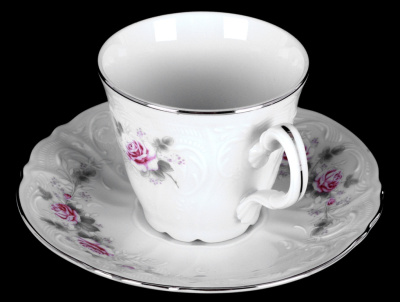 Пара чайная  "Бледные розы, отводка платина"  210мл  ф. ведерка