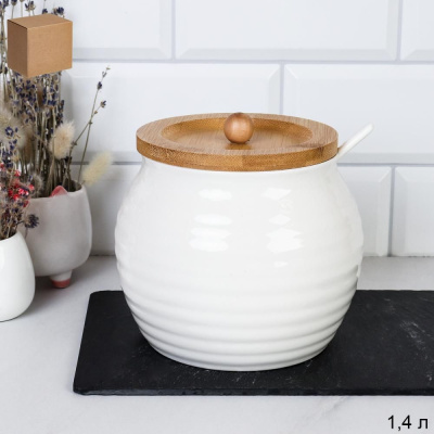 Сахарница банка 1400мл с ложкой  керамика дерево