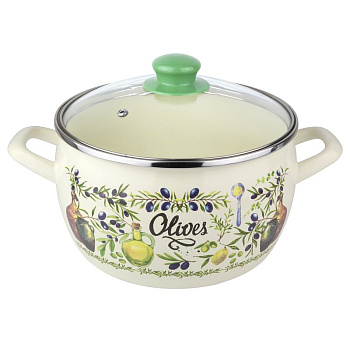 Кастрюля эмал. стекл.крышка  "Олива" 3л 18см Кастрюля эмал. стекл.крышка  "Олива" 3л 18см