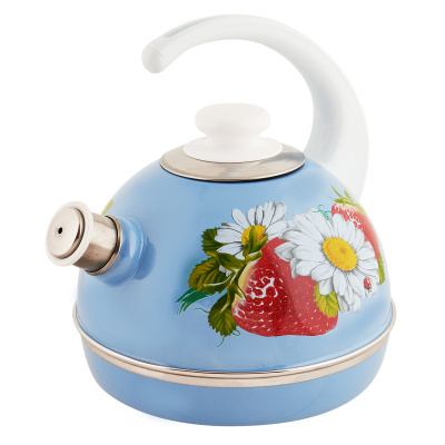 Чайник  3.5л со свистком серо-голубой клубника с ромашкой