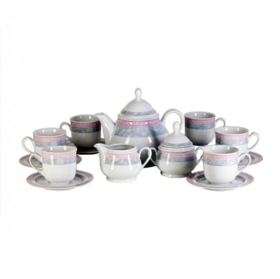 Сервиз чайный "Яна" 17/6 "Серый мрамор с розовым кантом"