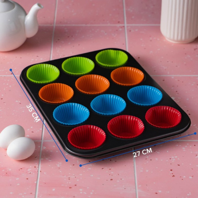 Форма для выпечки 35*26.5*2.5см 12 ячеек силиконовые вкладки антипригарное покрытие МИКС