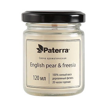 Свеча ароматическая 20ч стекл. банка дерев. фитиль аромат English pear and freesia 120мл