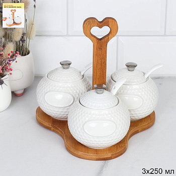 Набор для специй 3пр 250мл с ложкой на деревянной подставке