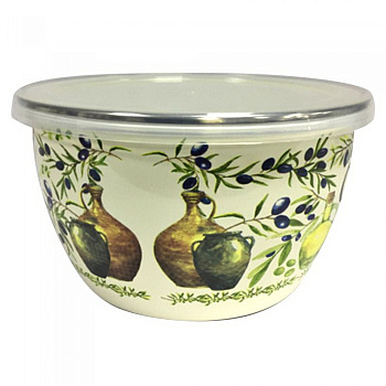 Миска эмал. с пласт. крышкой "Олива" 2.45л 18см Миска эмал. с пласт. крышкой "Олива" 2.45л 18см