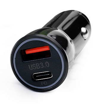Адаптер автомобильный   1USB+1Type C 12В 5V/3А LED Черный ELX-CA01-C02