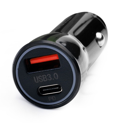 Адаптер автомобильный   1USB+1Type C 12В 5V/3А LED Черный ELX-CA01-C02