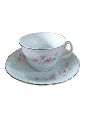 Пара чайная  "Бледные розы, отводка платина"  200мл ф. коническая низкая